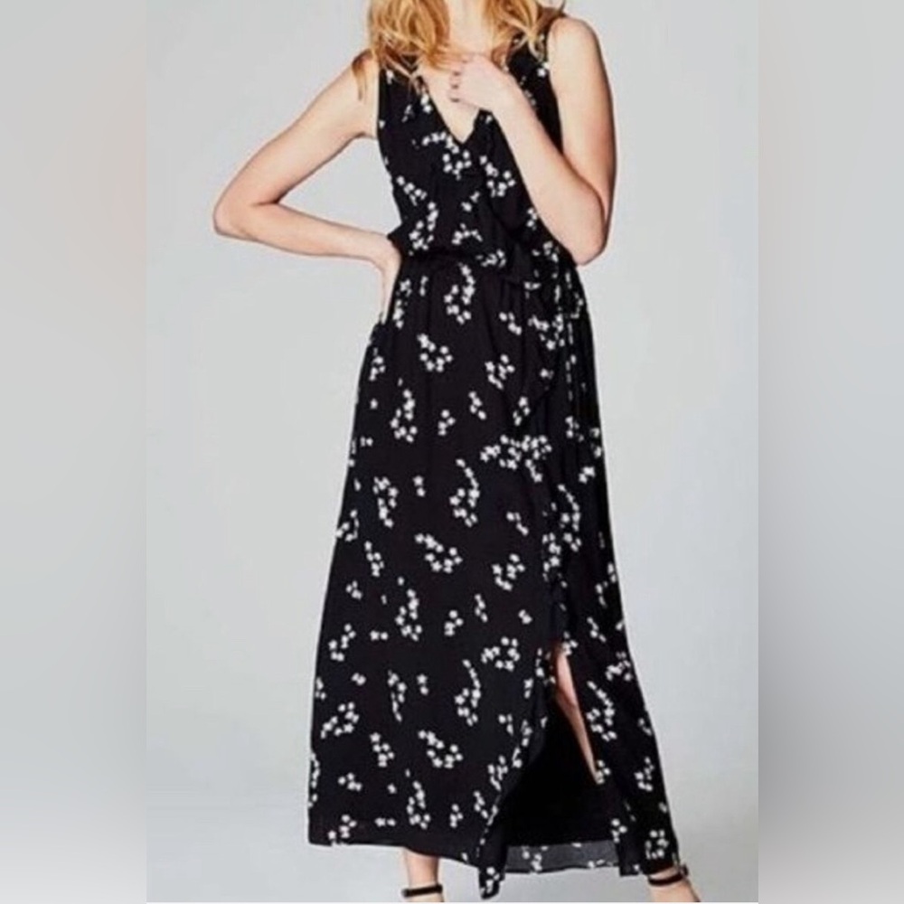 J JILL Faux Wrap Floral Print Ruffle Trimmed Maxi Dress V Neck Sleeveless Size L